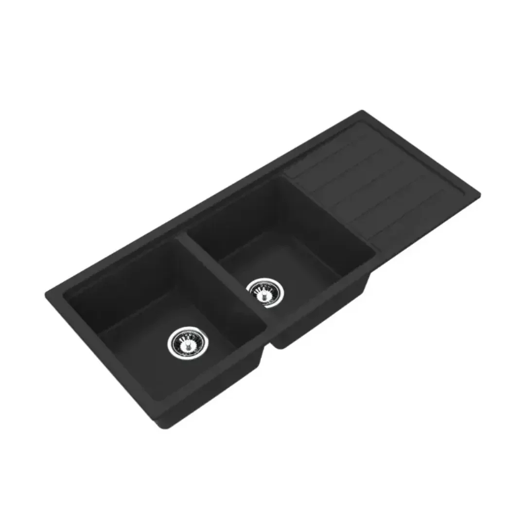 Avella 1160mm Matte Black Double Bowl Granite Kitchen Sink With Drainer - Image 2