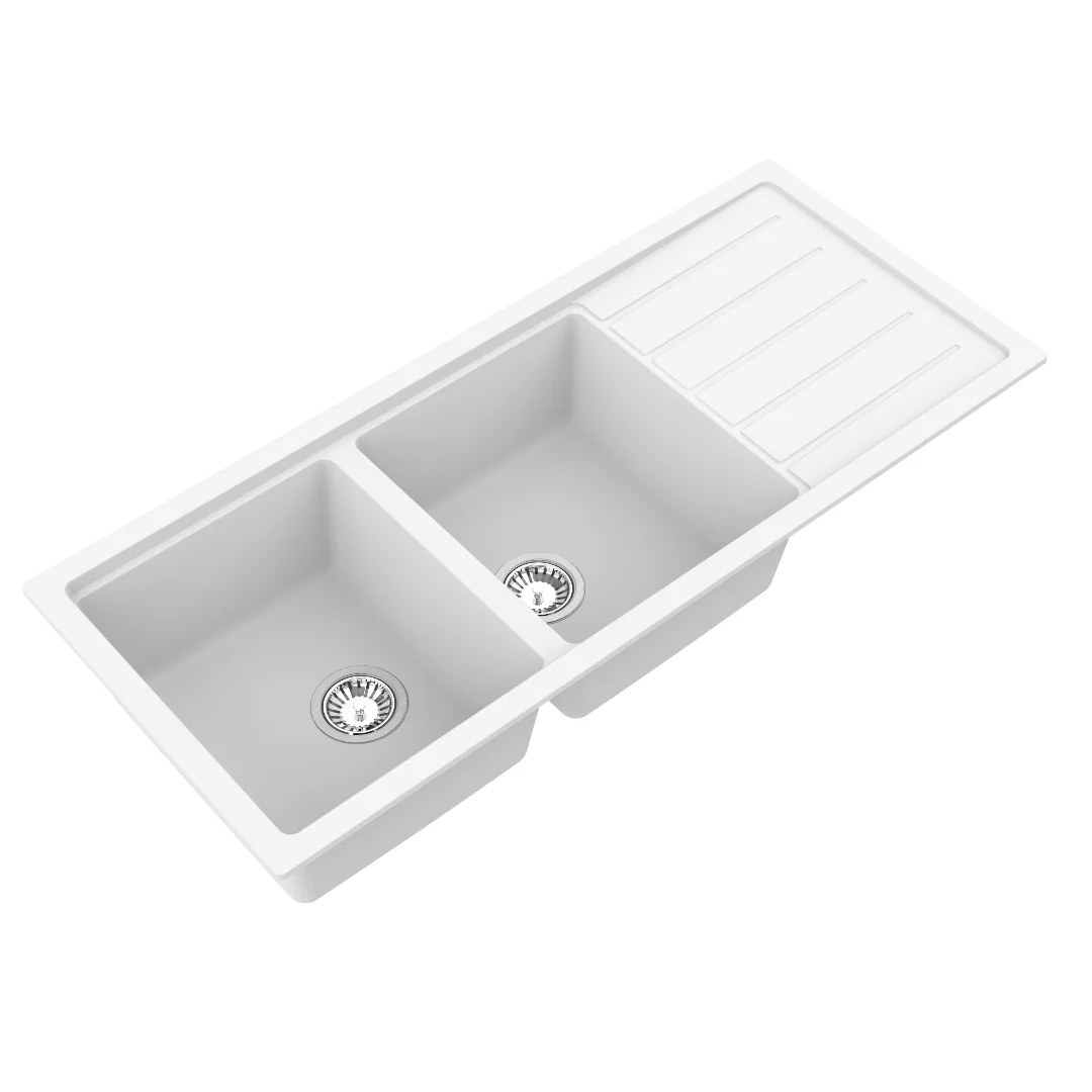 Avella 1160mm Matte White Double Bowl Granite Kitchen Sink With Drainer - Image 2