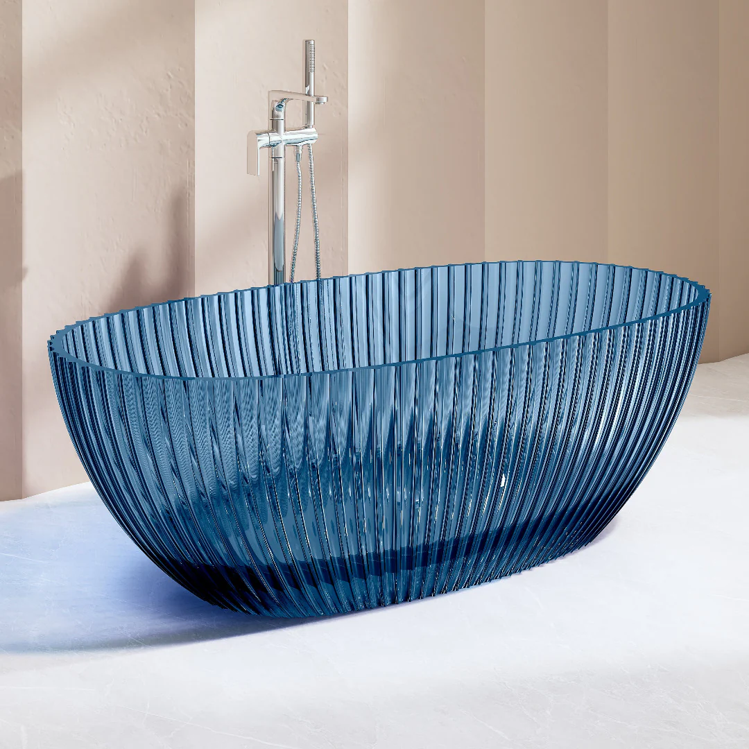 Avina 1700mm Fluted Slate Blue Translucent Resin Stone Freestanding Bath Tub - Image 3