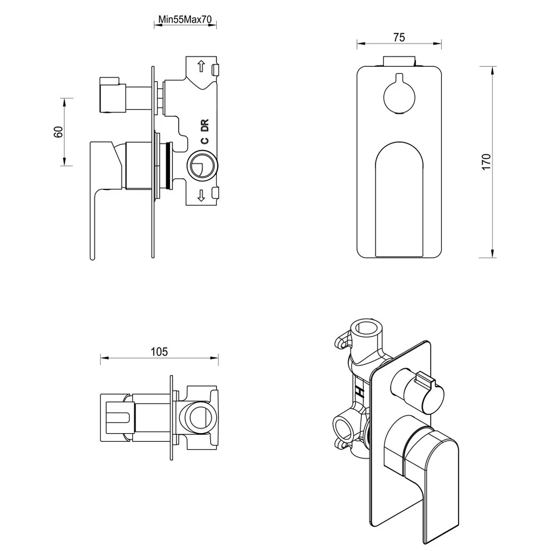 Beki Brushed Nickel Shower Mixer Diverter - 1P - Trim Kit Only - Image 5