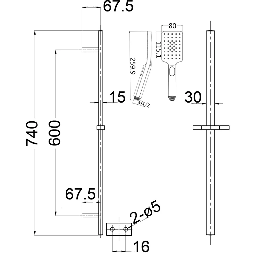 Beki / Tiago Gun Metal Single Shower Rail - Image 2