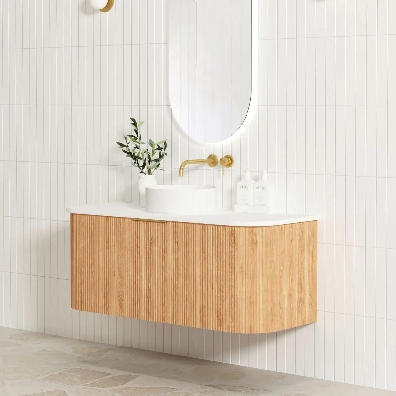Bondi 1200 Curved Woodland Oak Fluted Wall Hung Vanity - Image 2