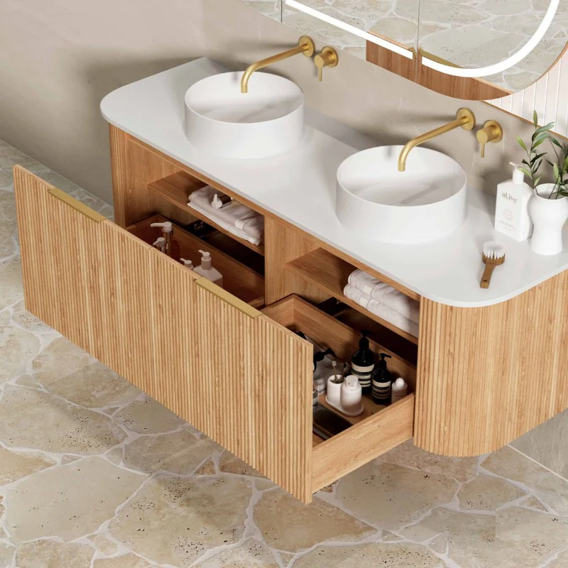 Bondi 1500 Curved Double Woodland Oak Fluted Wall Hung Vanity - Image 3