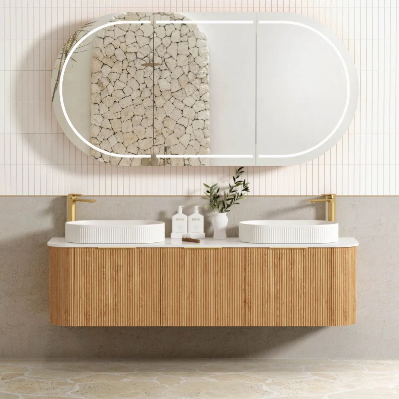 Bondi 1800 Curved Double Woodland Oak Fluted Wall Hung Vanity