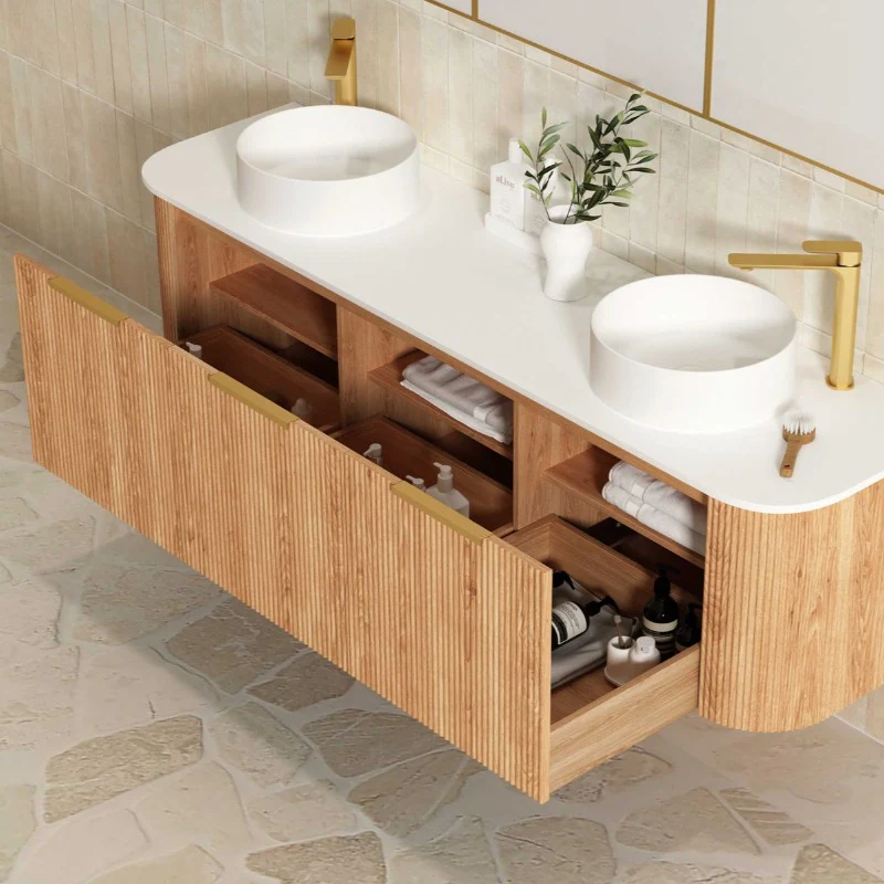Bondi 1800 Curved Double Woodland Oak Fluted Wall Hung Vanity - Image 4
