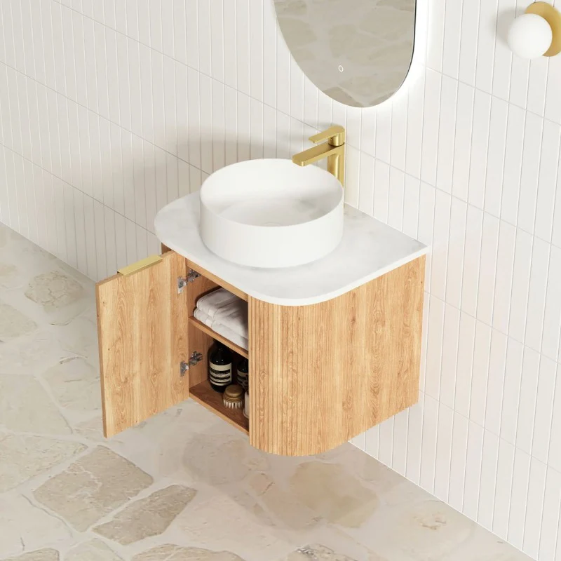 Bondi 600 Curved Woodland Oak Fluted Wall Hung Vanity - Image 3