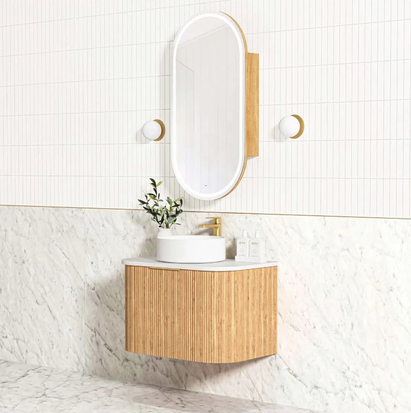 Bondi 750 Curved Woodland Oak Fluted Wall Hung Vanity - Image 2