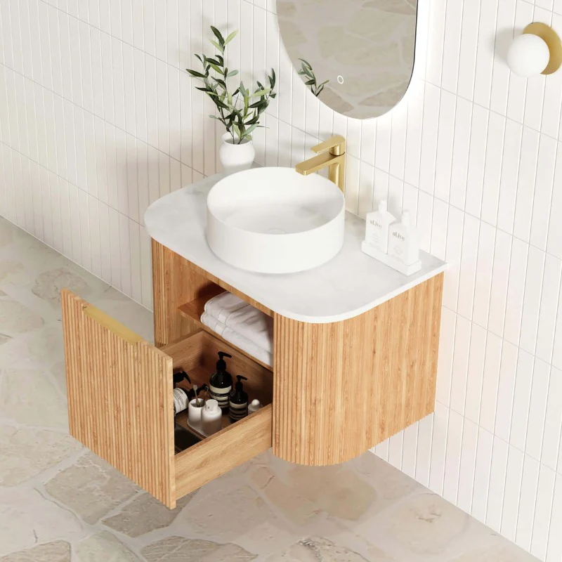 Bondi 750 Curved Woodland Oak Fluted Wall Hung Vanity - Image 4