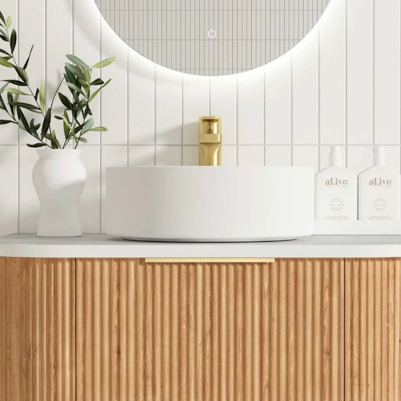 Bondi 750 Curved Woodland Oak Fluted Wall Hung Vanity - Image 5