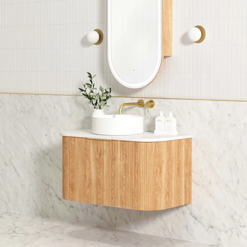 Bondi 900 Curved Woodland Oak Fluted Wall Hung Vanity - Image 2