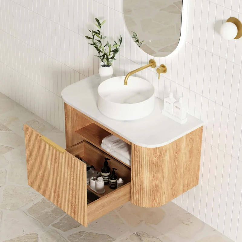 Bondi 900 Curved Woodland Oak Fluted Wall Hung Vanity - Image 3