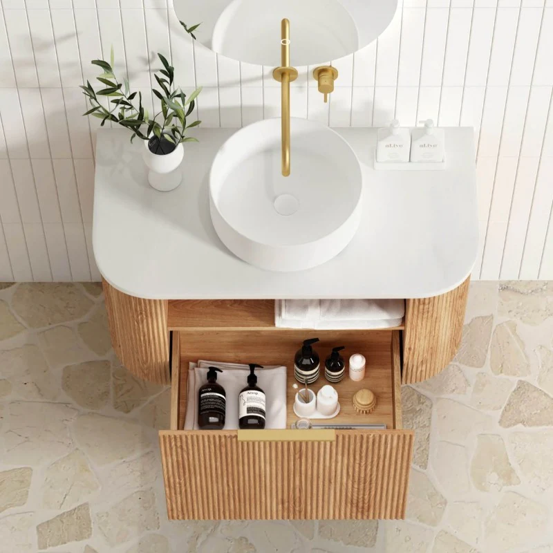Bondi 900 Curved Woodland Oak Fluted Wall Hung Vanity - Image 4