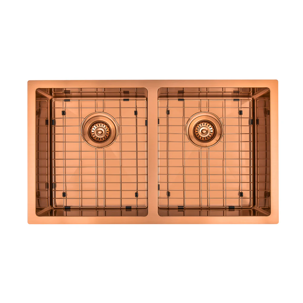 Brushed Copper 850 x 450 x 230mm Double Bowl Kitchen Sink - Image 2
