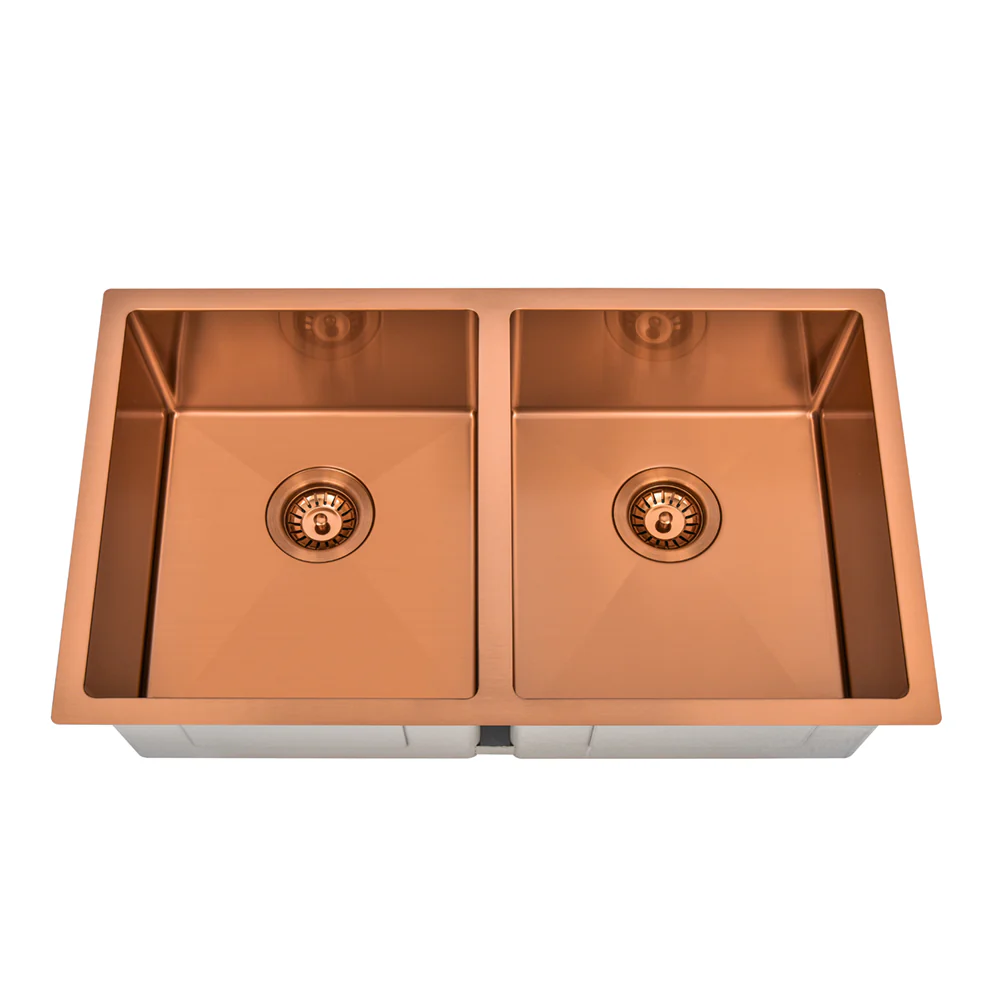 Brushed Copper 850 x 450 x 230mm Double Bowl Kitchen Sink - Image 3