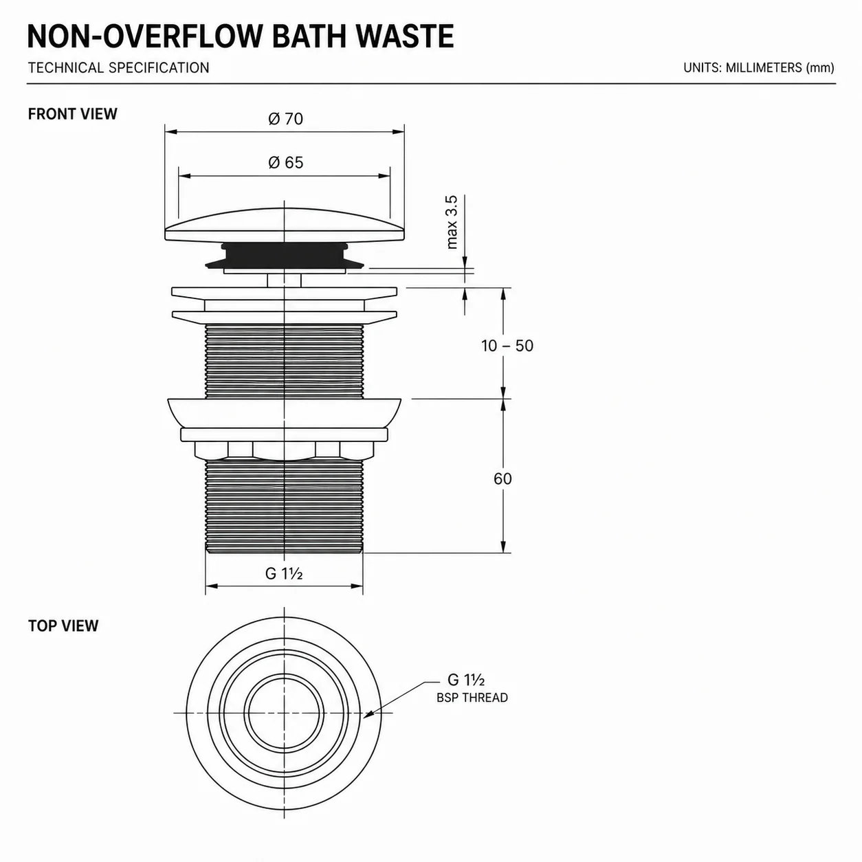 Brushed Gold Non Overflow 40mm Bath Pop Up Waste - Image 2