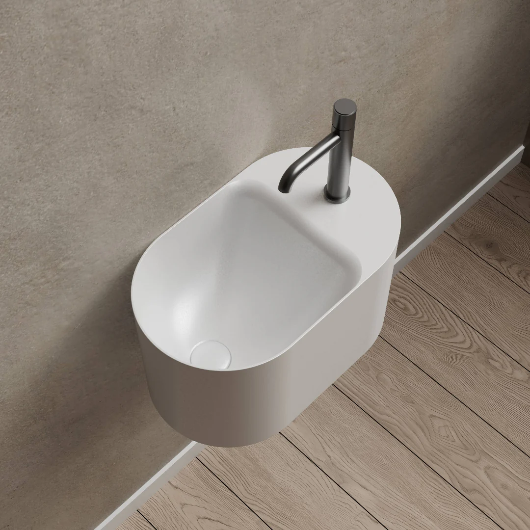Canto 500mm Solid Surface Stone Wall Hung Basin With Taphole - Image 2