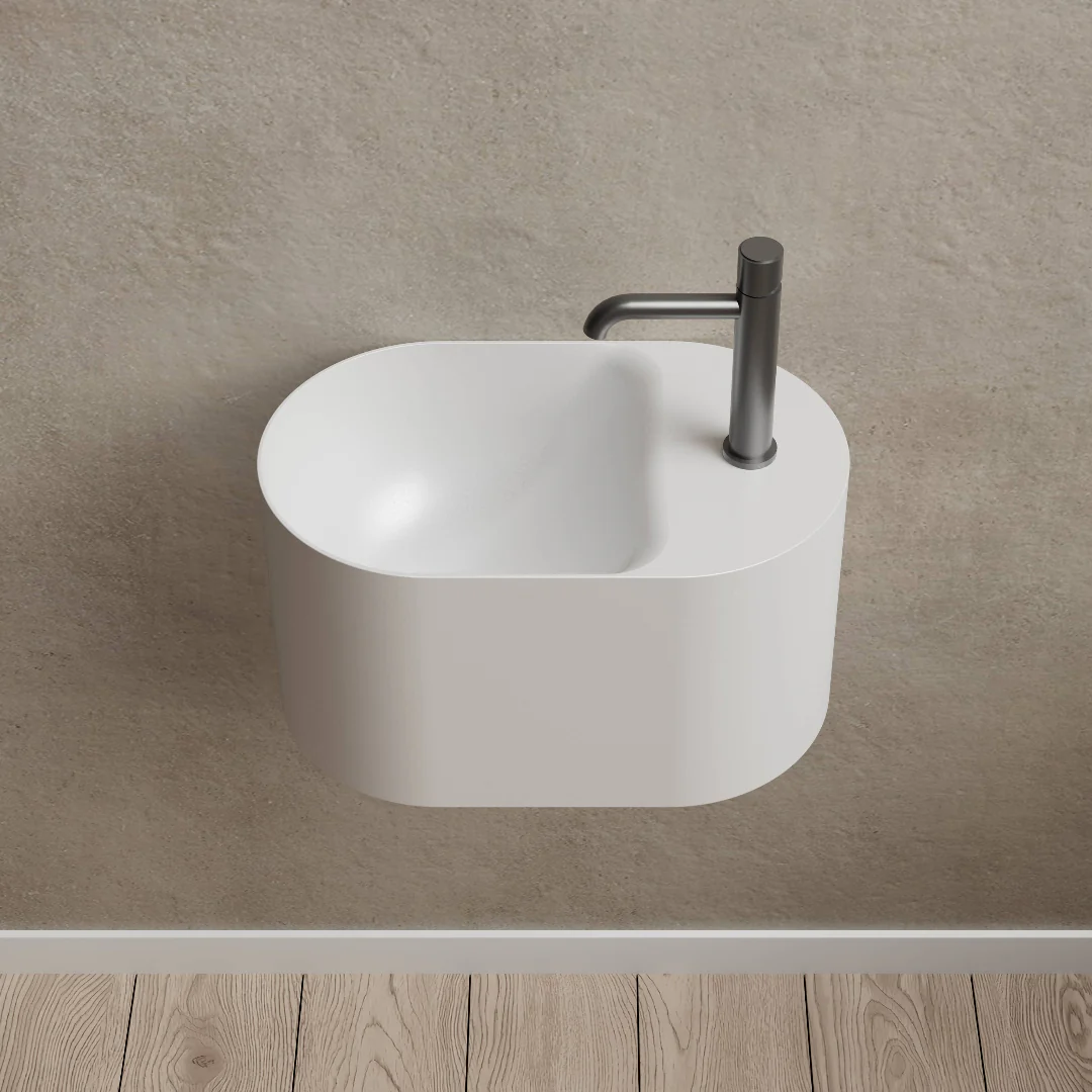 Canto 500mm Solid Surface Stone Wall Hung Basin With Taphole - Image 3