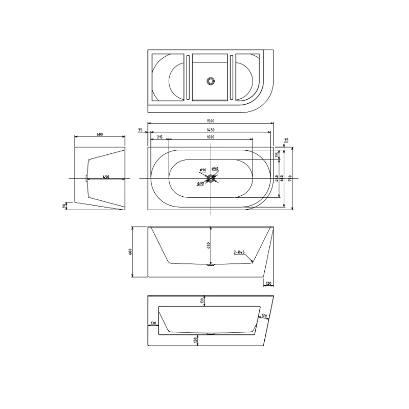 Cascade 1500 Left Corner Fit Freestanding Bath Tub - Image 4