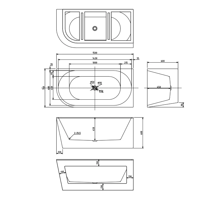 Cascade 1500 Right Corner Fit Freestanding Bath Tub - Image 4