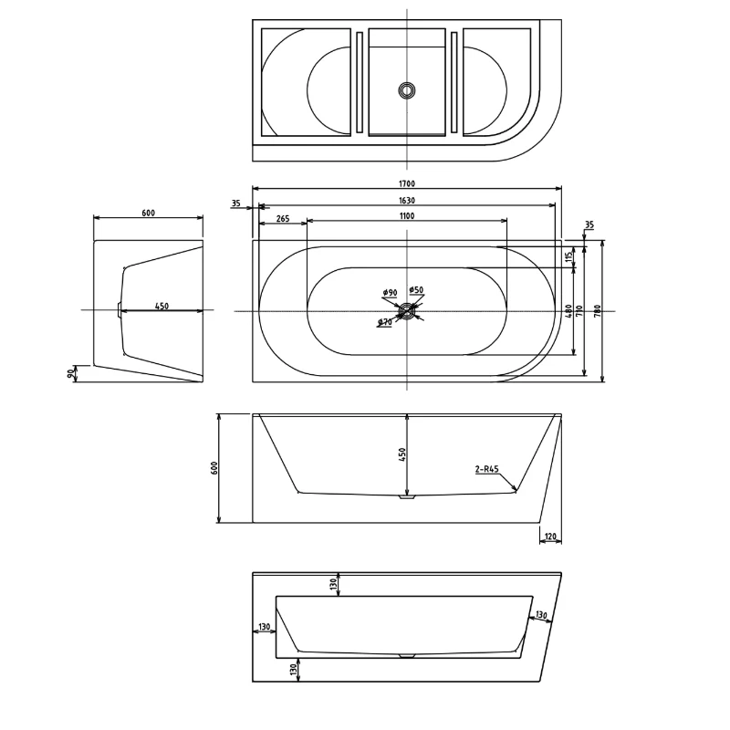 Cascade 1700 Left Corner Fit Freestanding Bath Tub - Image 4