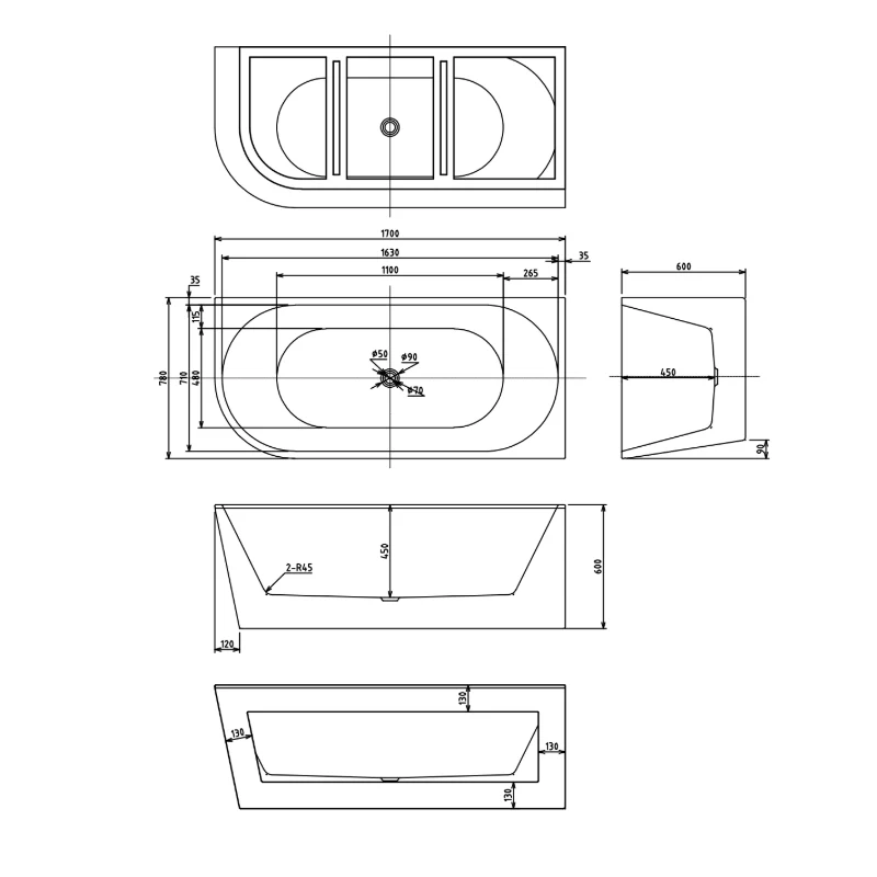 Cascade 1700 Right Corner Fit Freestanding Bath Tub - Image 4