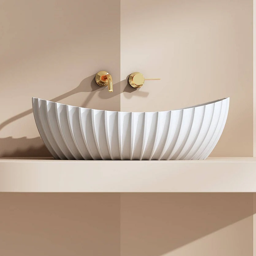 Coral 600mm Solid Surface Stone Fluted Oval Above Counter Basin