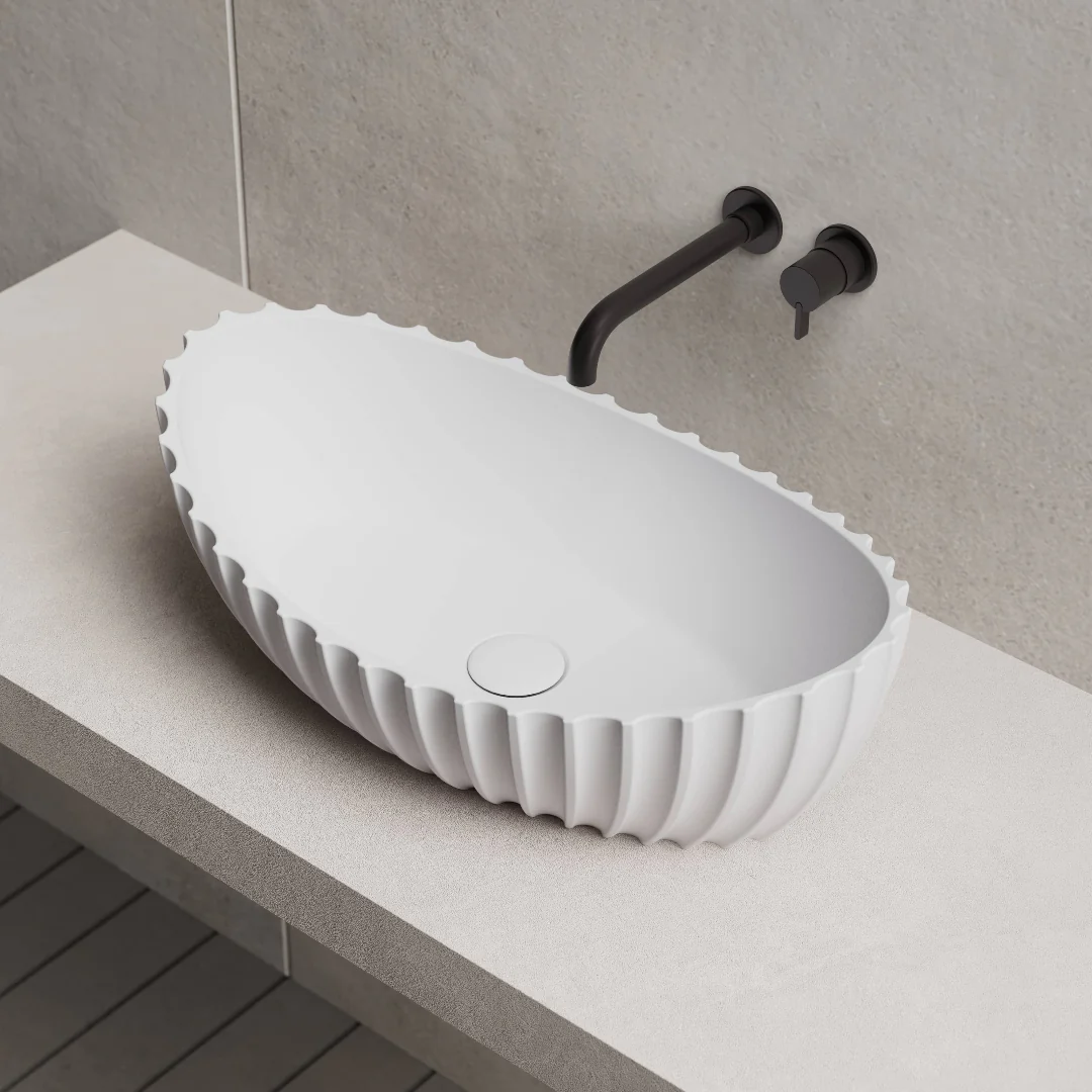 Coral 600mm Solid Surface Stone Fluted Oval Above Counter Basin - Image 3