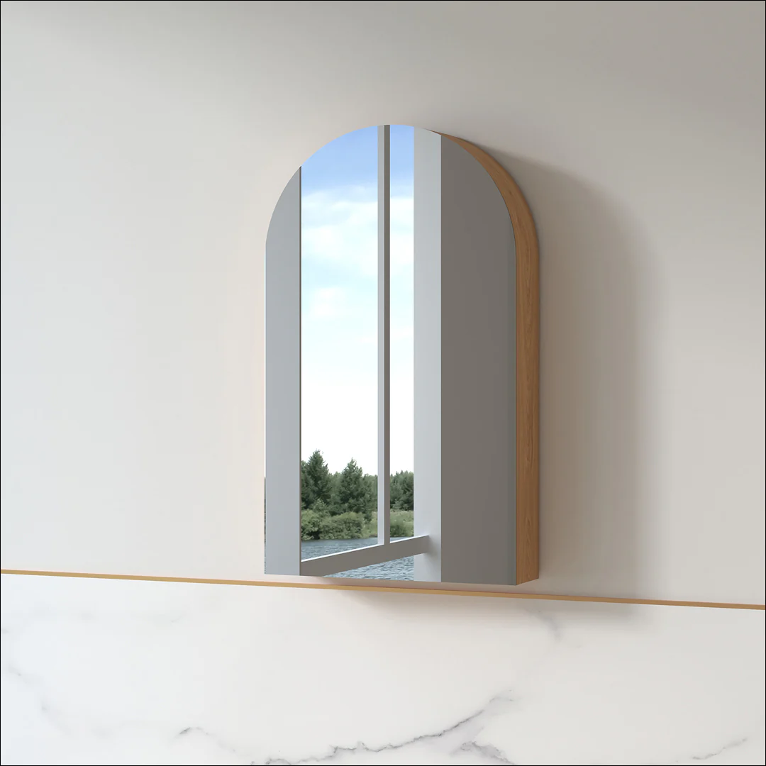 Cresta 600 x 1000mm Full Depth Light Walnut Arched Shaving Cabinet