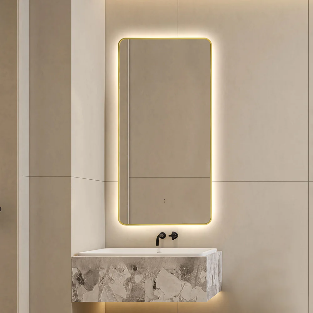 Curva Rectangle Brushed Gold 450 x 900 Touchless LED Mirror - Three Light Temperatures