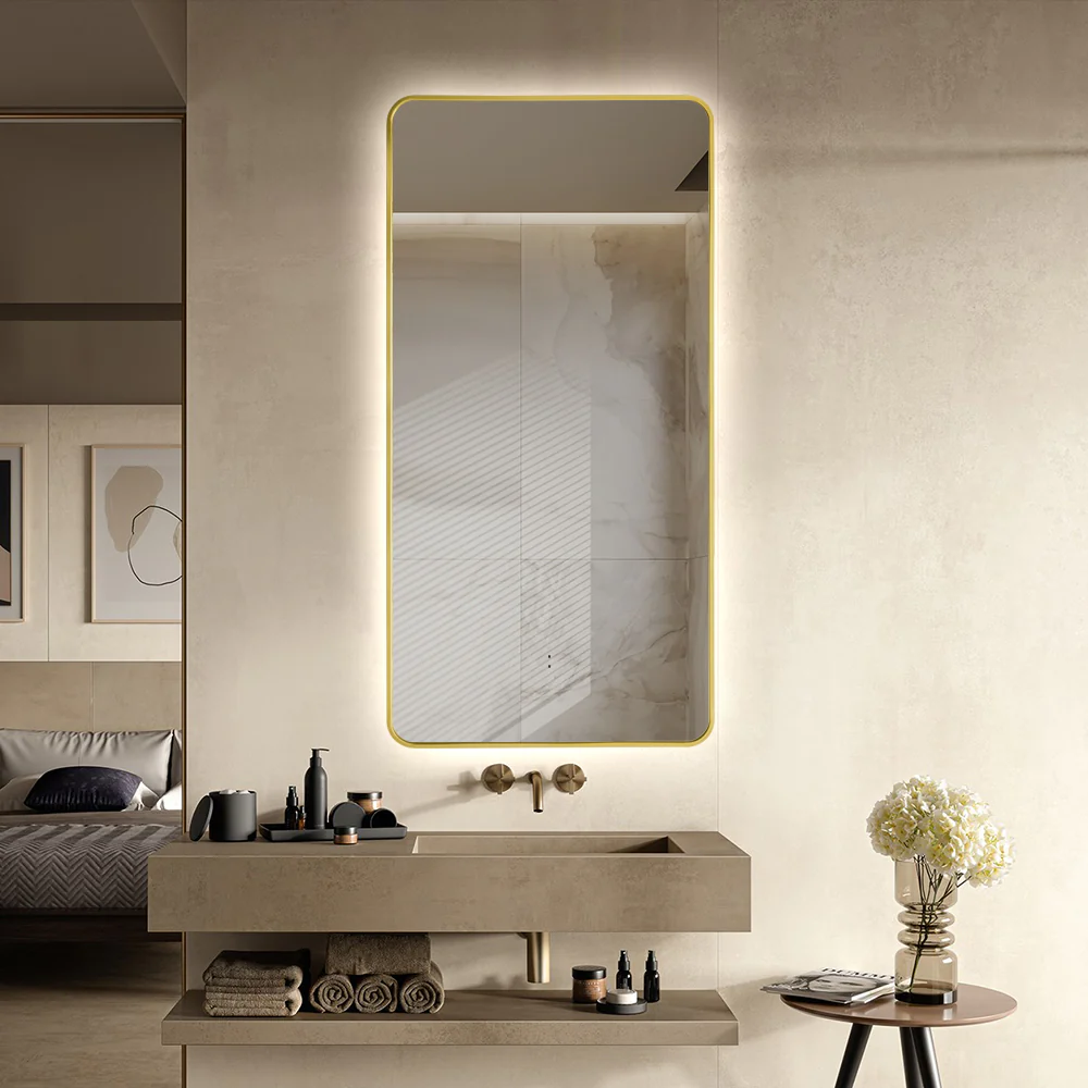 Curva Rectangle Brushed Gold 450 x 900 Touchless LED Mirror - Three Light Temperatures - Image 2