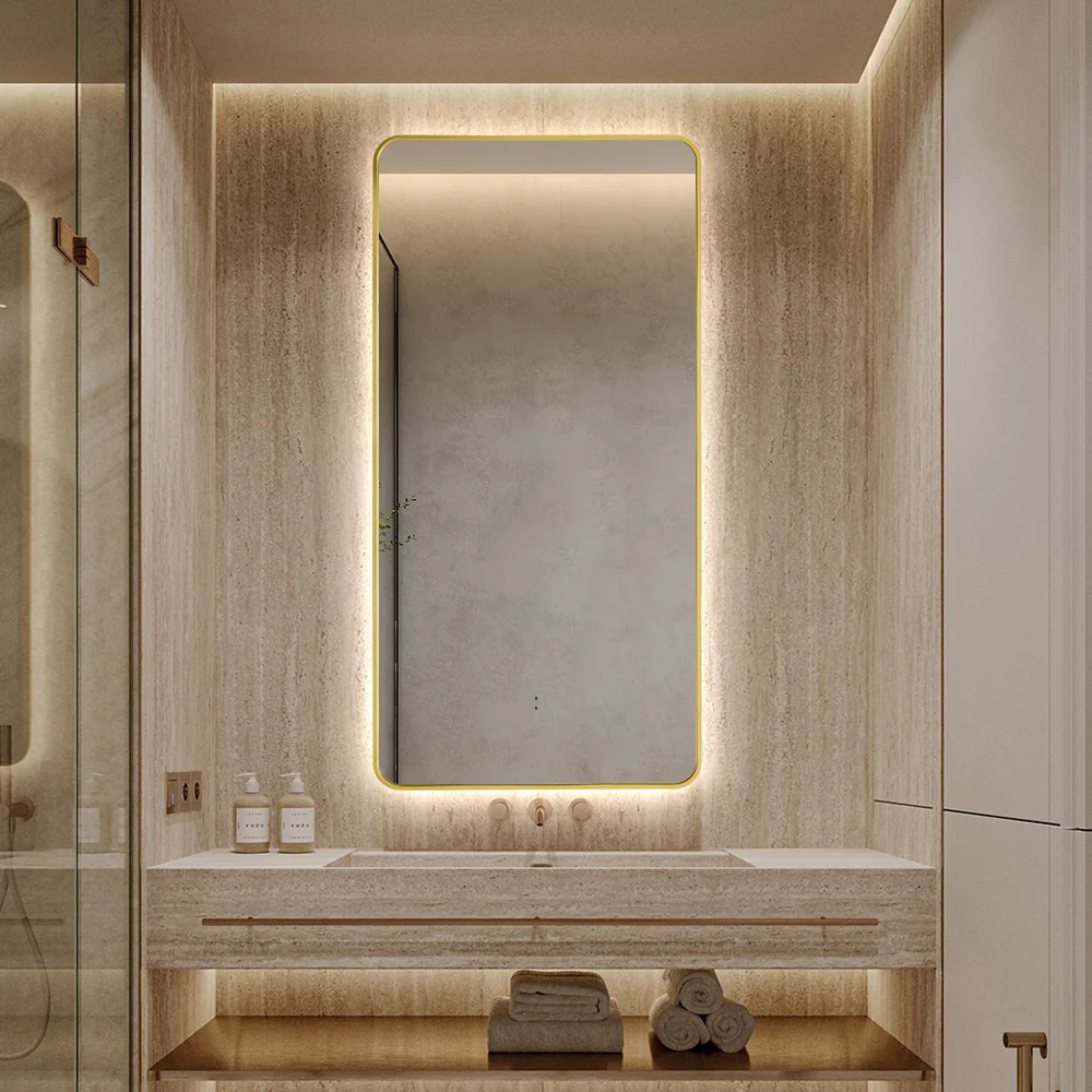 Curva Rectangle Brushed Gold 450 x 900 Touchless LED Mirror - Three Light Temperatures - Image 3