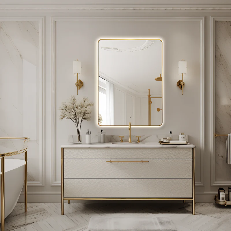 Curva Rectangle Brushed Gold 600 x 800 Touchless LED Mirror - Three Light Temperatures - Image 3