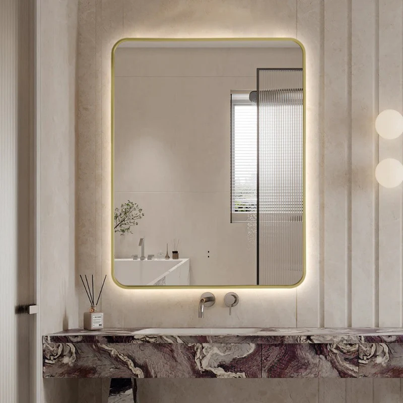 Curva Rectangle Brushed Gold 700 x 900 Touchless LED Mirror - Three Light Temperatures