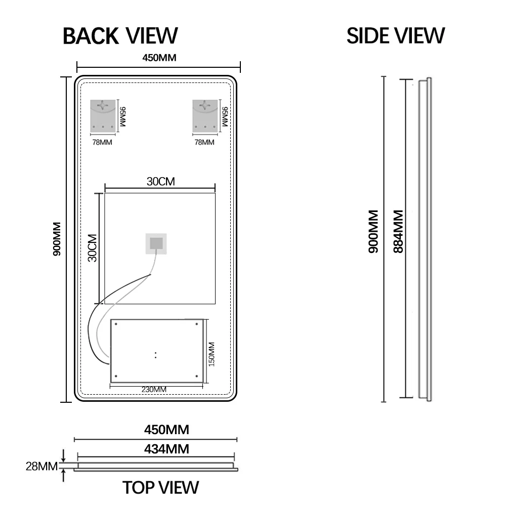 Curva Rectangle Matte Black 450 x 900 Touchless LED Mirror - Three Light Temperatures - Image 5