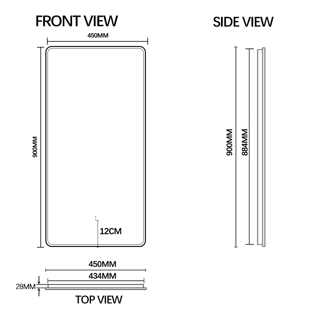 Curva Rectangle Matte Black 450 x 900 Touchless LED Mirror - Three Light Temperatures - Image 7