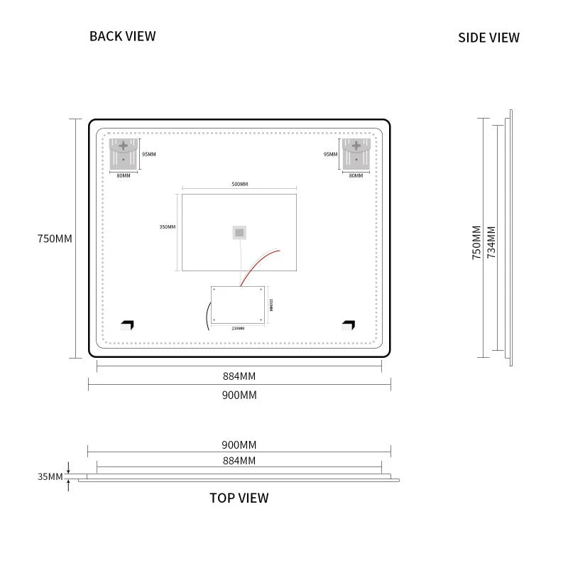 Curva Rectangle Matte Black 900 x 750 Touchless LED Mirror - Three Light Temperatures - Image 7