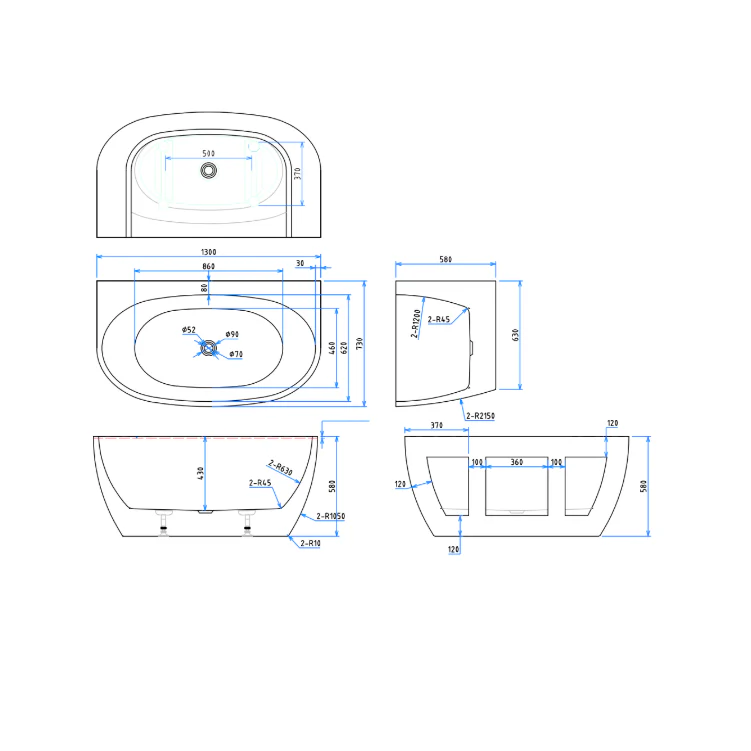 Delta 1300mm Gloss White Back to Wall Oval Freestanding Bath Tub - Image 8