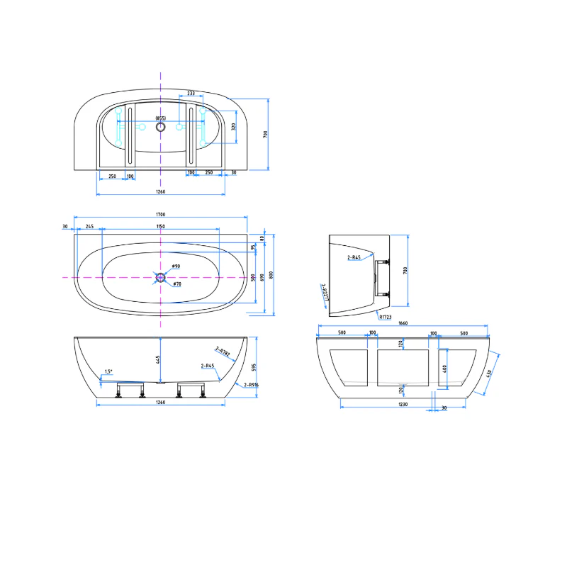 Delta 1700mm Gloss White Back to Wall Oval Freestanding Bath Tub - Image 6