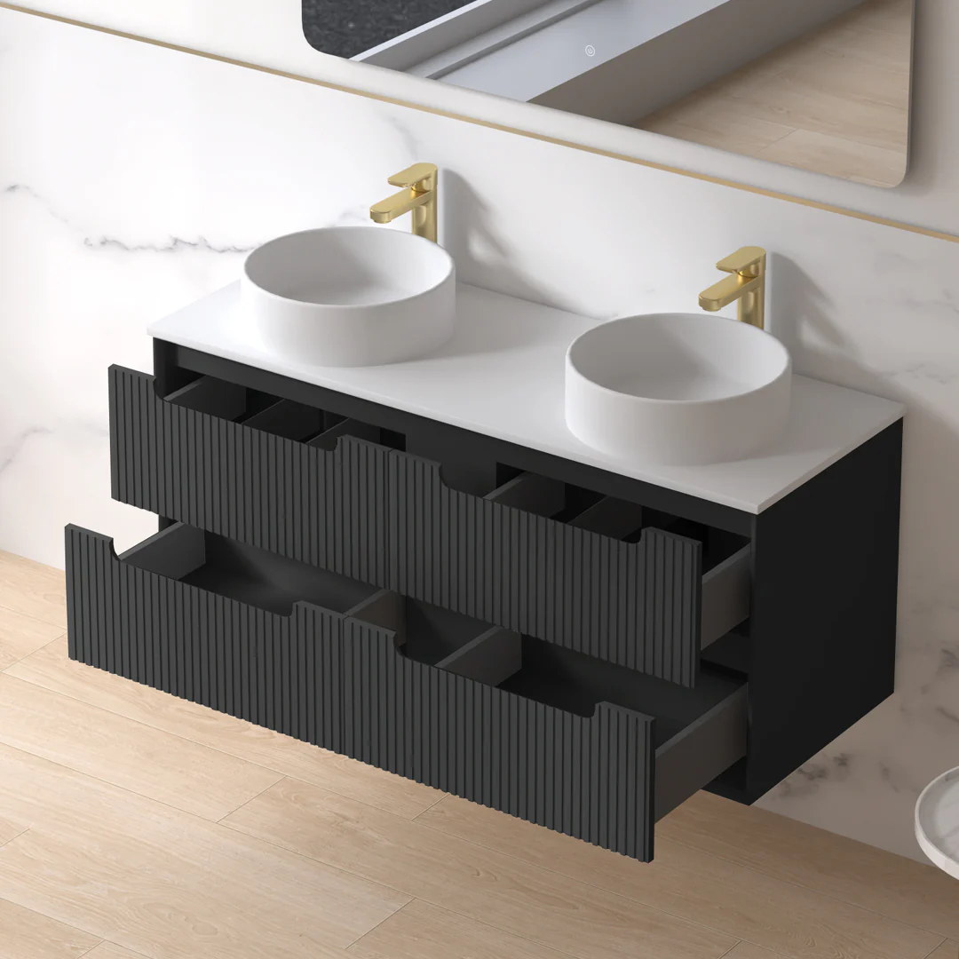 Fiora 1200mm Matte Black Fluted Wall Hung Vanity - Image 2