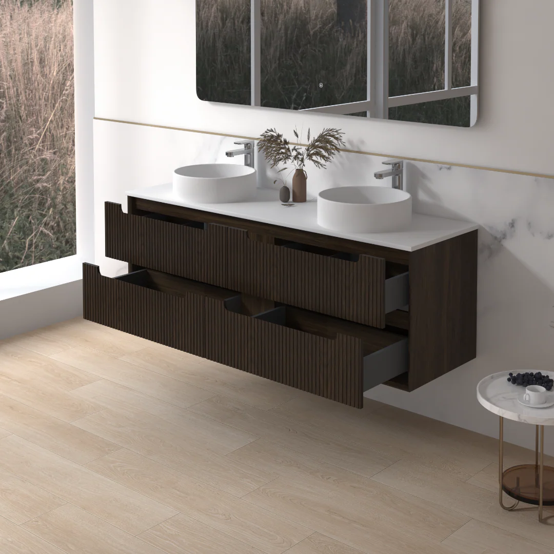 Fiora 1500mm Black Walnut Fluted Wall Hung Vanity - Image 3
