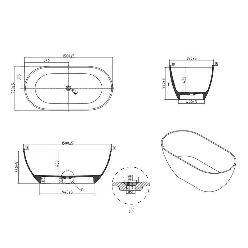 Fiora 1500mm Stone Matte White Freestanding Bath Tub - Image 7