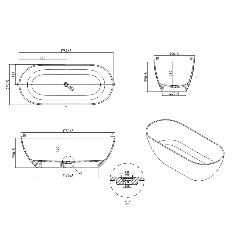 Fiora 1750mm Stone Matte White Freestanding Bath Tub - Image 7