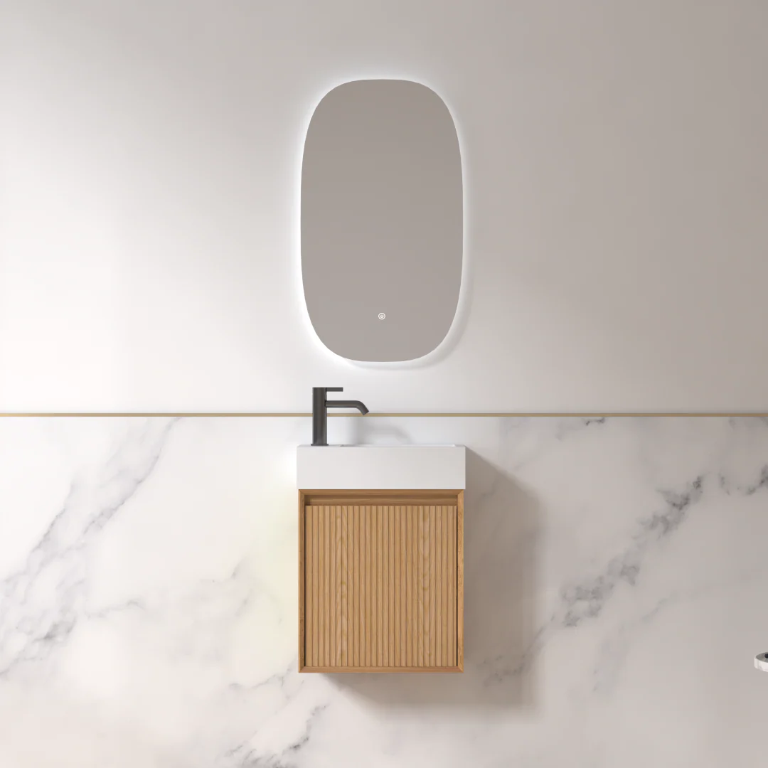 Fiora 450mm Light Walnut Fluted Ensuite Wall Hung Vanity