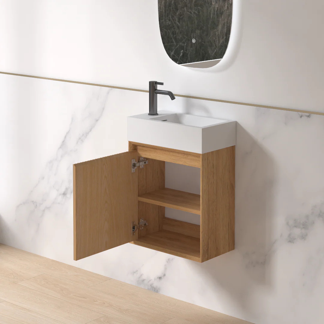 Fiora 450mm Light Walnut Fluted Ensuite Wall Hung Vanity - Image 2