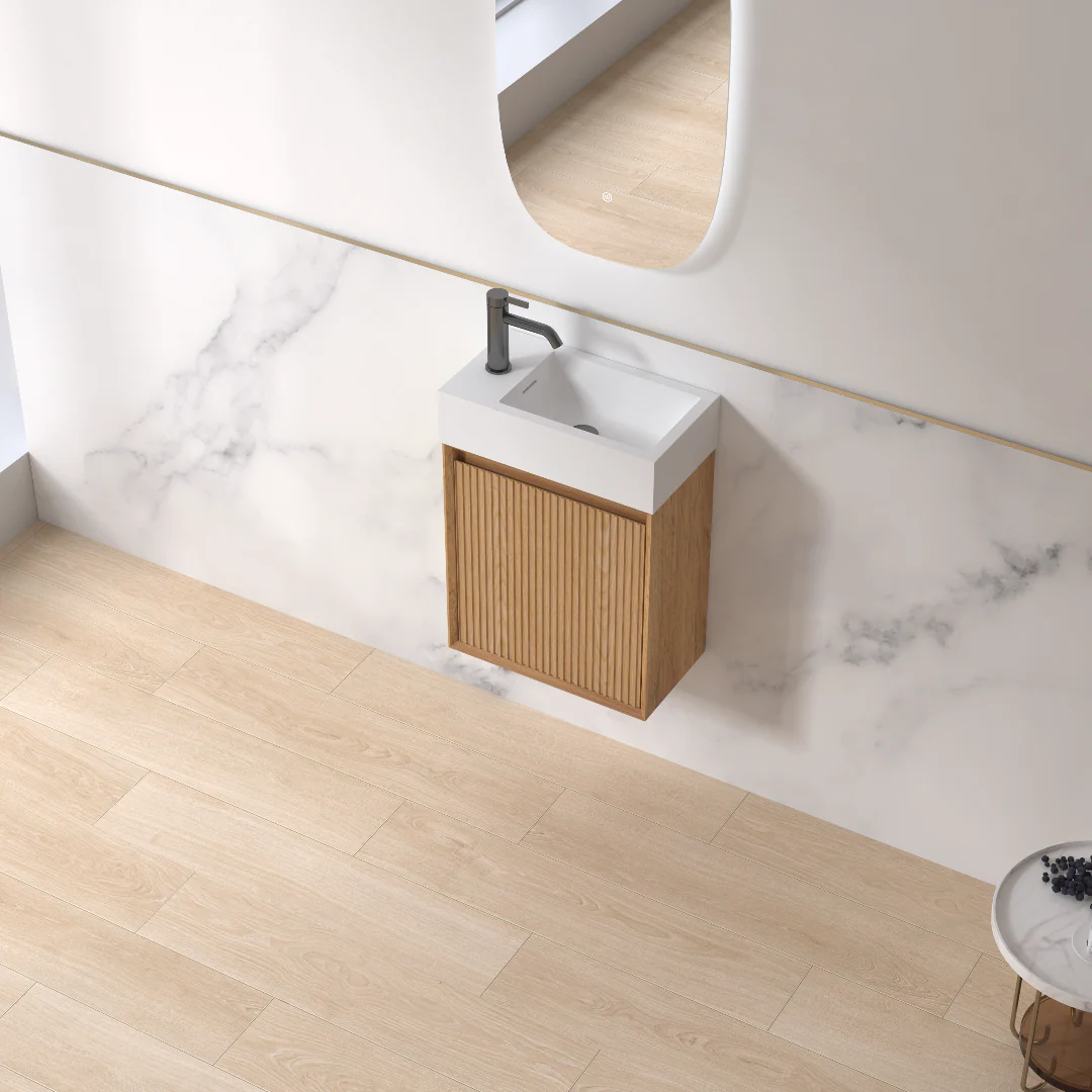 Fiora 450mm Light Walnut Fluted Ensuite Wall Hung Vanity - Image 3