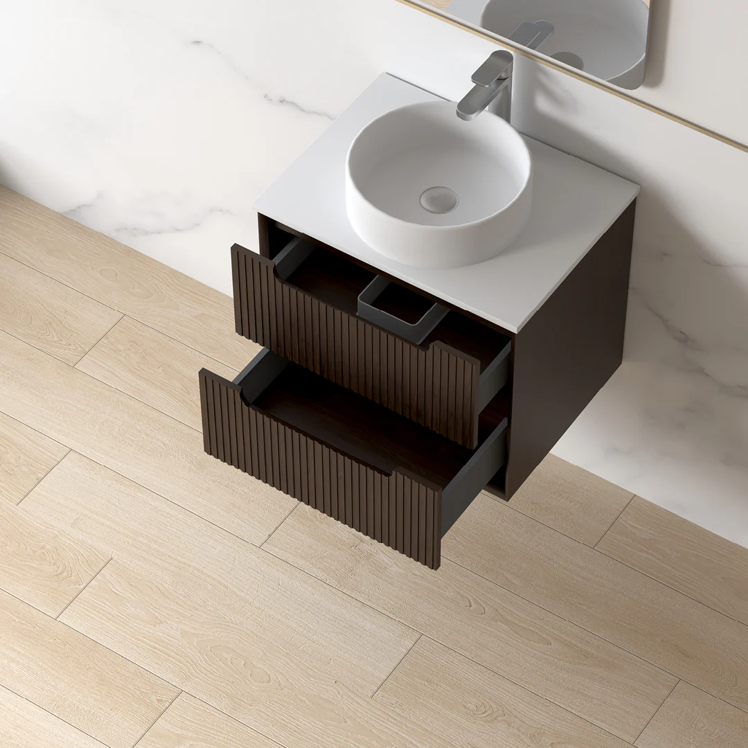 Fiora 600mm Alder Walnut Fluted Wall Hung Vanity - Image 3