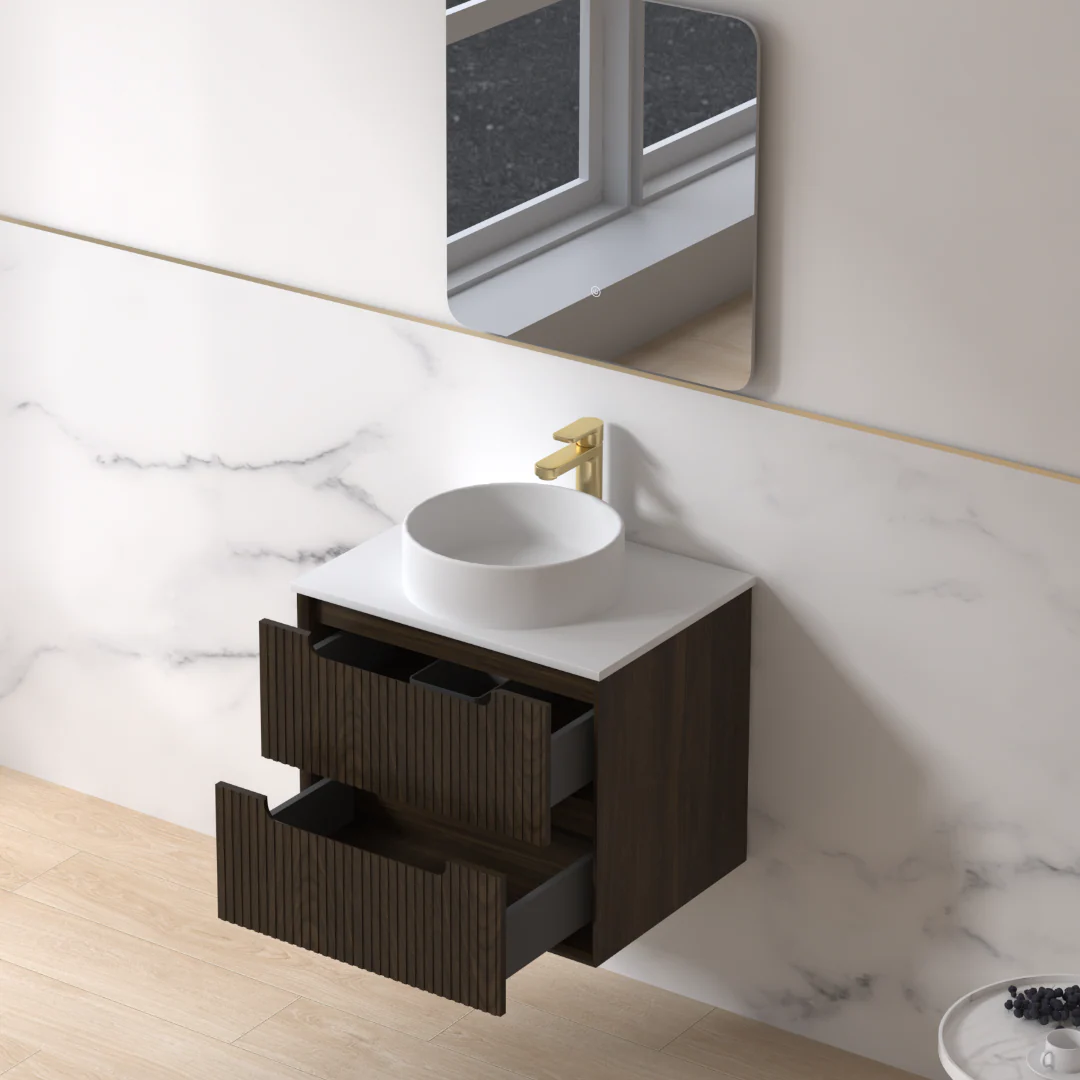 Fiora 600mm Black Walnut Fluted Wall Hung Vanity - Image 4