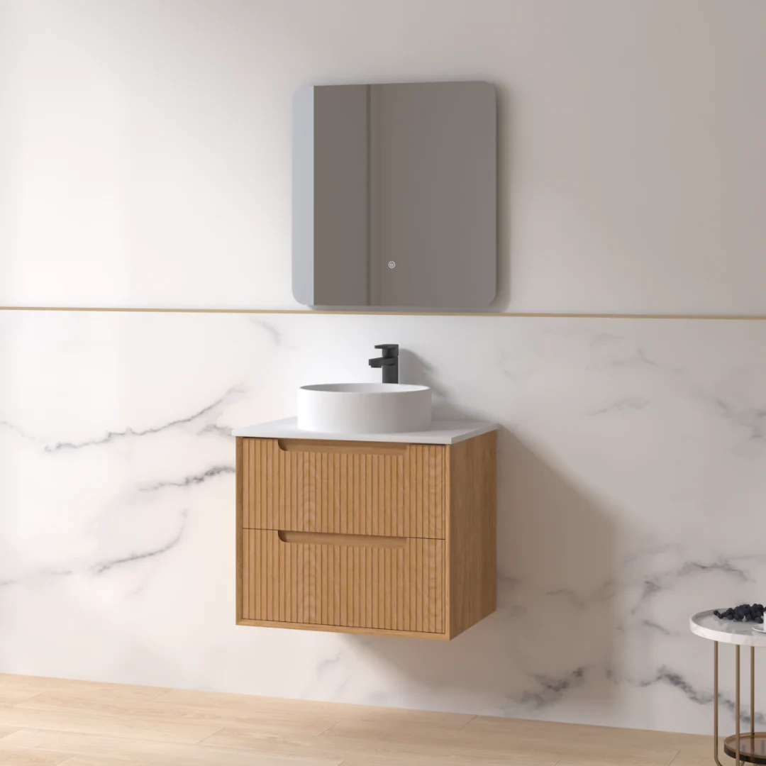 Fiora 600mm Light Walnut Fluted Wall Hung Vanity - Image 2