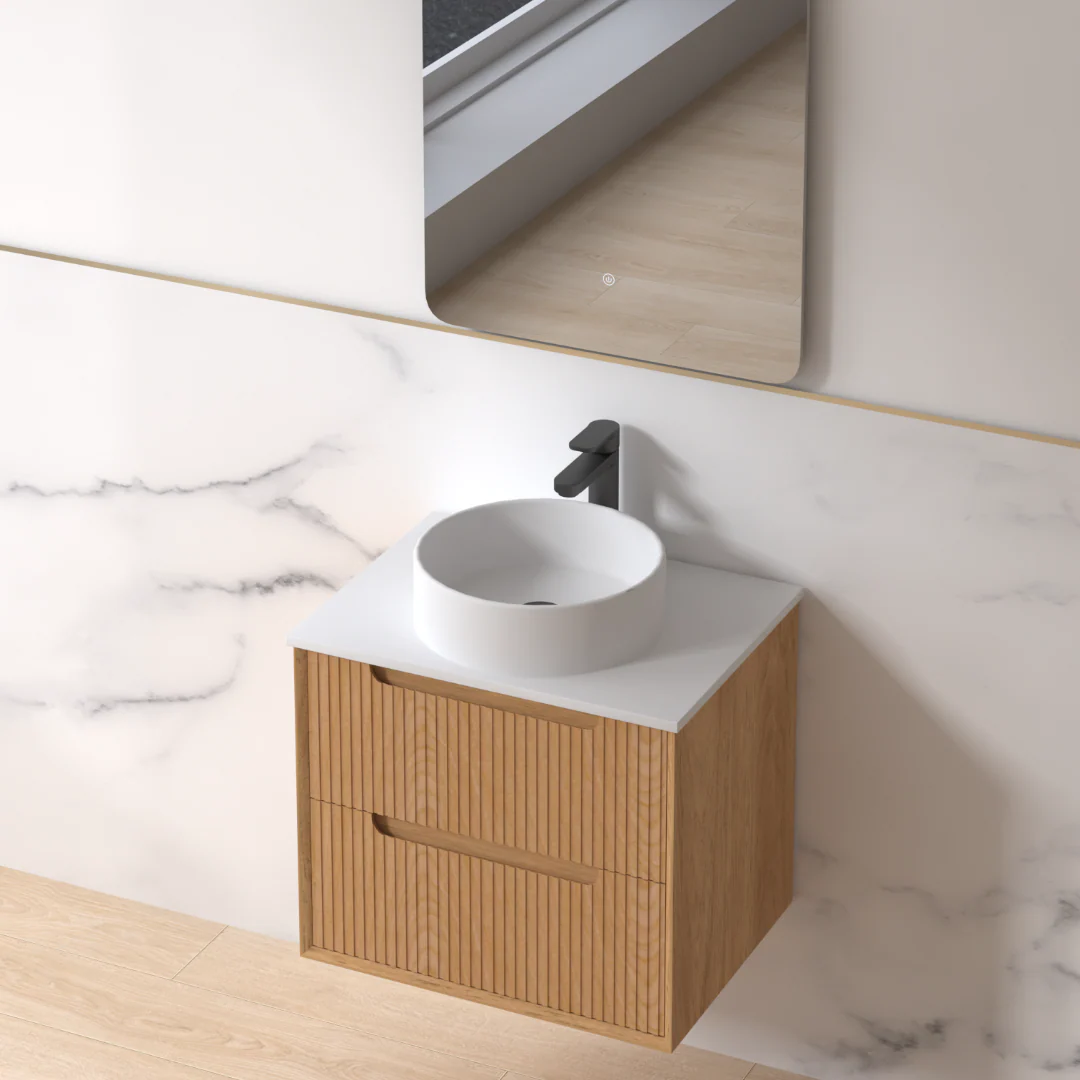 Fiora 600mm Light Walnut Fluted Wall Hung Vanity - Image 3
