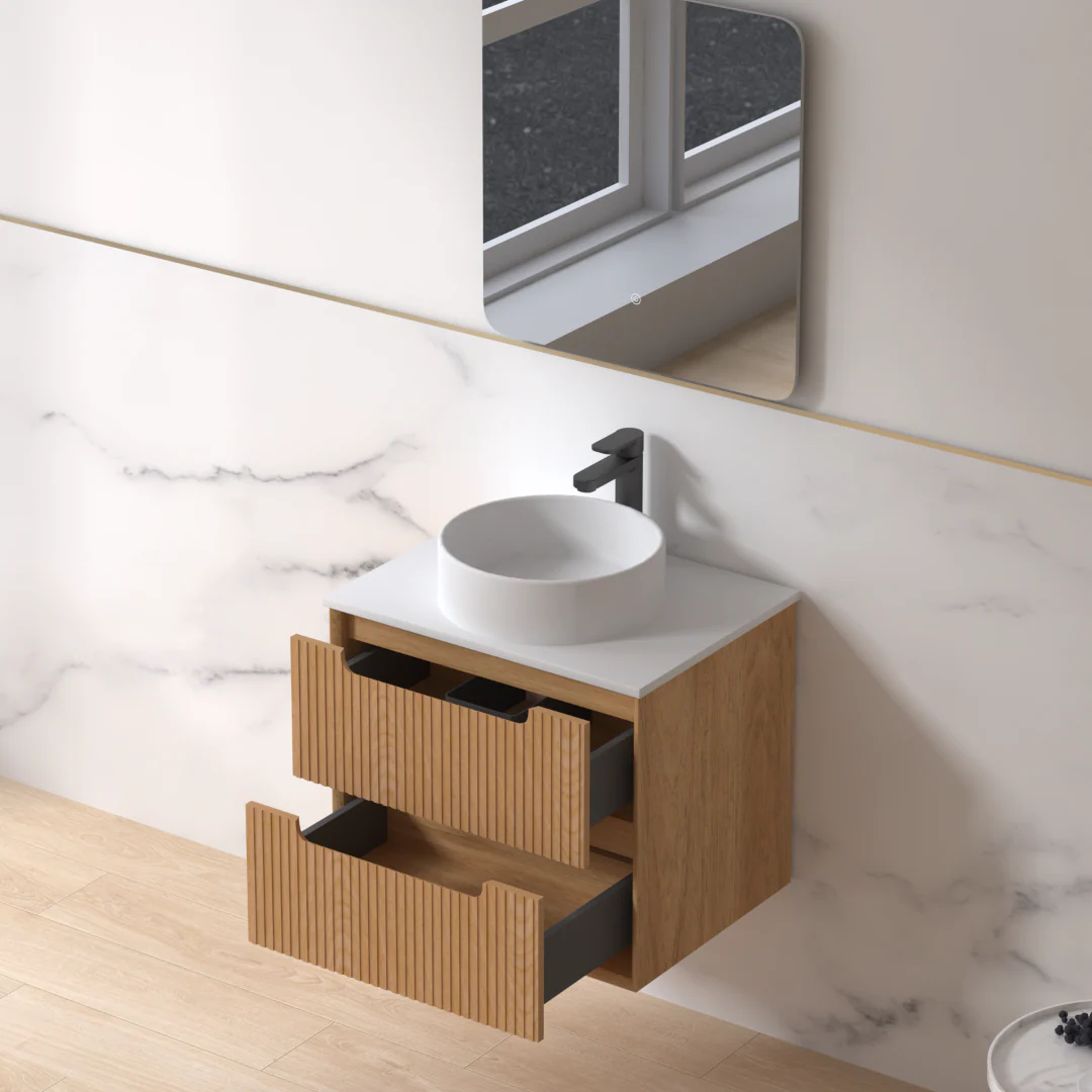 Fiora 600mm Light Walnut Fluted Wall Hung Vanity - Image 4